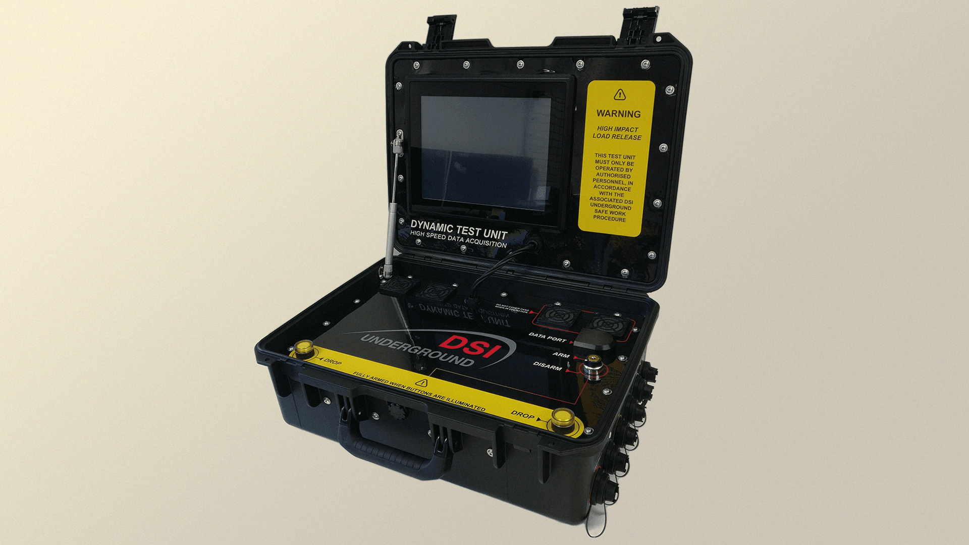 Rock bolt performance test system for monitoring forces associated with simulated rock fall events.