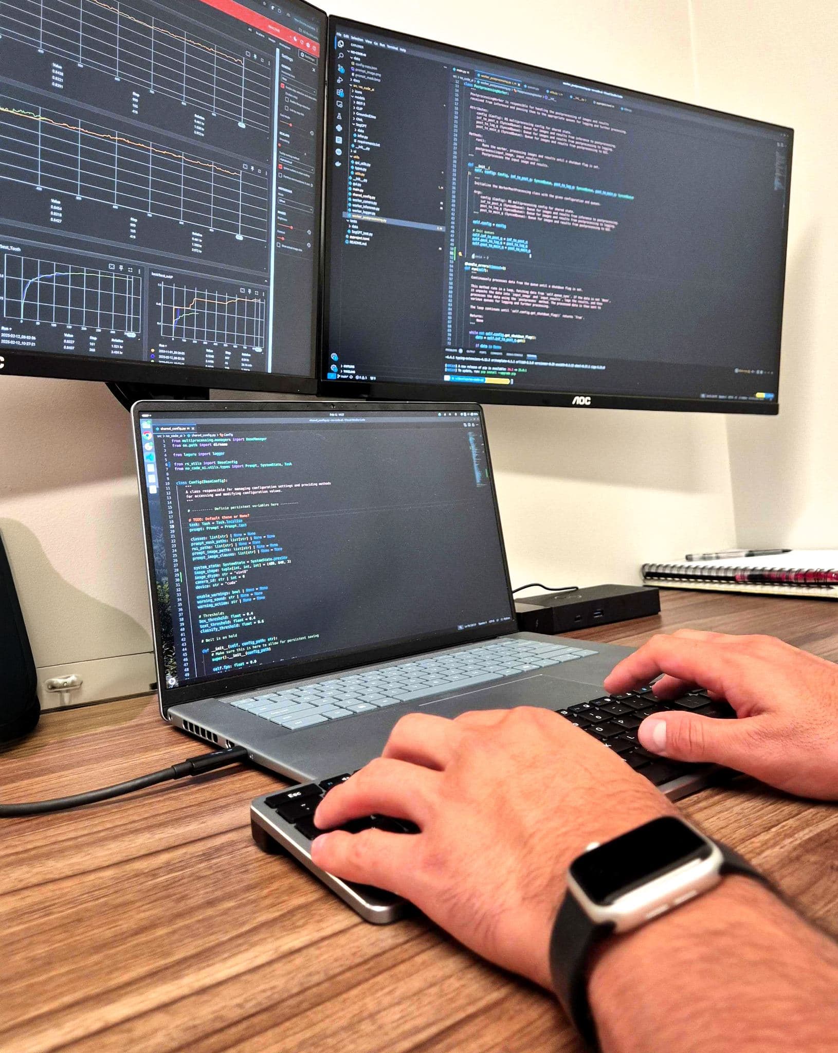 A developer working on machine vision software across two monitors